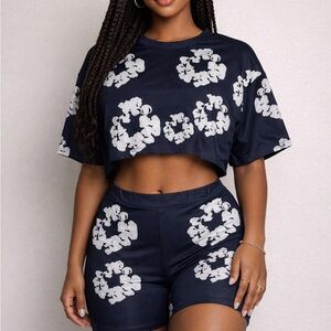 Black and White Floral Crop Top and Shorts Set